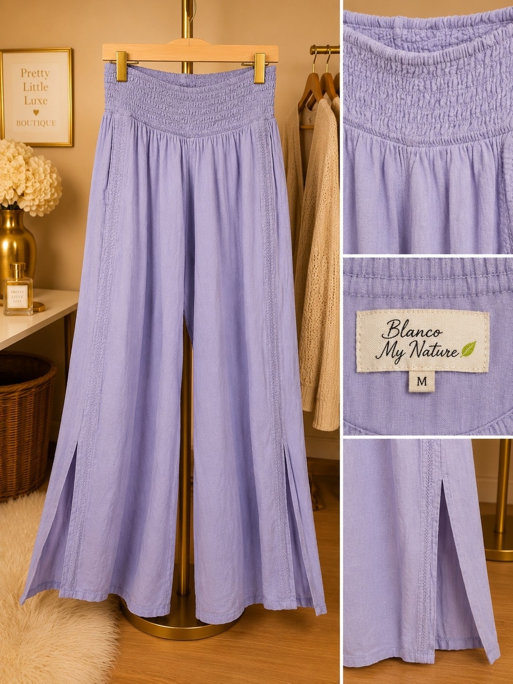 Blanco My Nature Lavender Wide-Leg Pants with Smocked Waist Medium